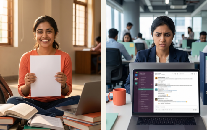 Indian graduate transitioning from campus placement success to workplace reality — employability skills gap in 2026