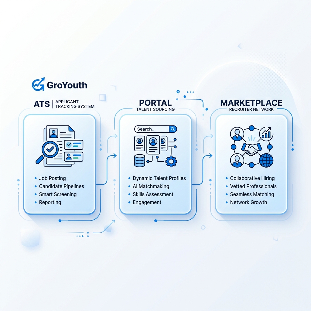 GroYouth hiring platform flow: ATS, Portal and Marketplace