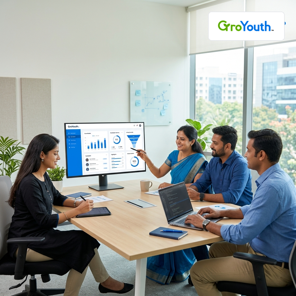 Employer team reviewing candidate documents in office meeting