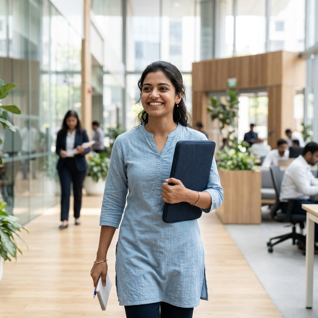 Young Indian job seeker in formal attire heading to interview