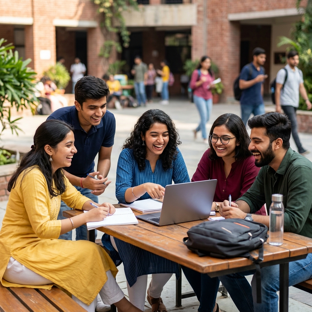 College students collaborating with laptop during campus session