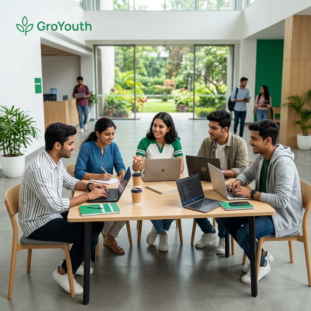 College students collaborating with laptop during campus session