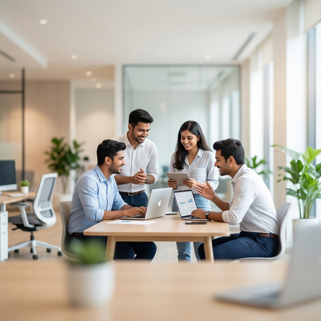 Young professionals collaborating on laptops in informal setting