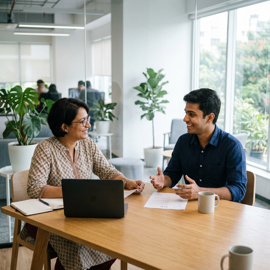 Professional in business interview at corporate office